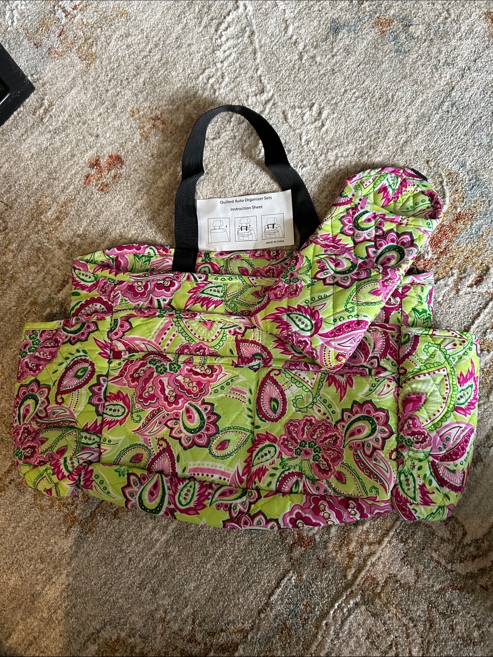Quilted Auto Organizer Tote in Pink & Lime Floral NWT